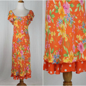 Floral Silk Crepe De Chine Bias Cut Mid-Calf Dress  Polka Dot Flounce S 6